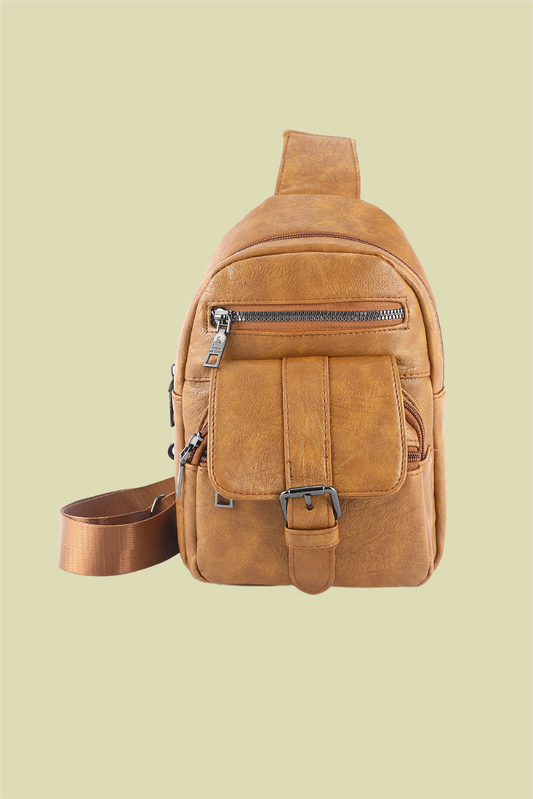 Khaki Vintage Zipper Multi Pockets PU Sling Bag