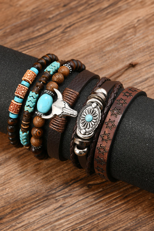 Chestnut Bull Skull Turquoise Beaded Bracelet Set