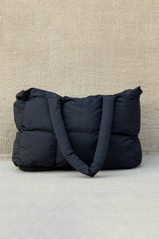 Black Solid Quilted Puffy Zipped Large Tote Bag