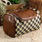 Black Checker Print Leather Zipper Makeup Bag