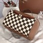 Black Checker Print Leather Zipper Makeup Bag