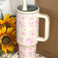 White Flower Print Handle Insulated Large Tumbler