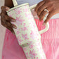 White Flower Print Handle Insulated Large Tumbler