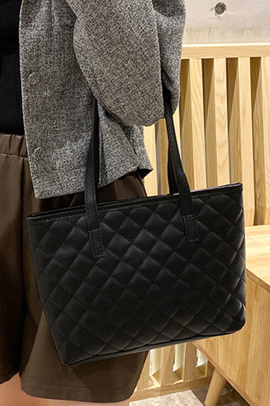 Black Geometric PU Leather Tote Bag