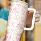 White Flower Print Handle Insulated Large Tumbler
