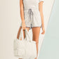 White Solid Quilted Puffy Zipped Large Tote Bag